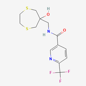 molecular formula C13H15F3N2O2S2 B2812002 N-[(6-Hydroxy-1,4-dithiepan-6-yl)methyl]-6-(trifluoromethyl)pyridine-3-carboxamide CAS No. 2415604-17-8