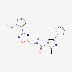 molecular formula C18H18N6O2S B2812029 N-((3-(1-ethyl-1H-pyrrol-2-yl)-1,2,4-oxadiazol-5-yl)methyl)-1-methyl-3-(thiophen-2-yl)-1H-pyrazole-5-carboxamide CAS No. 2034454-05-0