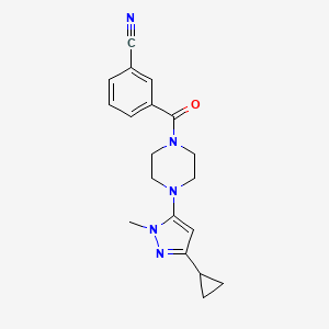 molecular formula C19H21N5O B2812067 3-(4-(3-cyclopropyl-1-methyl-1H-pyrazol-5-yl)piperazine-1-carbonyl)benzonitrile CAS No. 2034582-53-9
