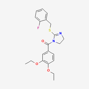 molecular formula C21H23FN2O3S B2812090 (3,4-二乙氧基苯基)(2-((2-氟苯甲基)硫代)-4,5-二氢-1H-咪唑-1-基)甲酮 CAS No. 851806-87-6