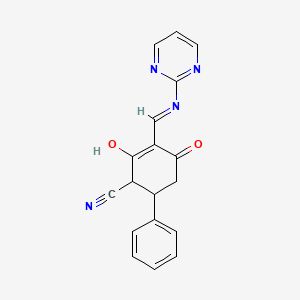 molecular formula C18H14N4O2 B2812098 2,4-二氧代-6-苯基-3-((嘧啶-2-基氨基)甲亚甲基)环己烷甲腈 CAS No. 1024896-94-3