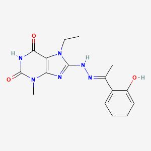 molecular formula C16H18N6O3 B2812130 (E)-7-ethyl-8-(2-(1-(2-hydroxyphenyl)ethylidene)hydrazinyl)-3-methyl-1H-purine-2,6(3H,7H)-dione CAS No. 329700-77-8