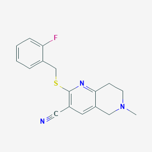 molecular formula C17H16FN3S B2812161 2-[(2-fluorophenyl)methylsulfanyl]-6-methyl-7,8-dihydro-5H-1,6-naphthyridine-3-carbonitrile CAS No. 496018-73-6