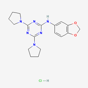 molecular formula C18H23ClN6O2 B2812179 N-(benzo[d][1,3]dioxol-5-yl)-4,6-di(pyrrolidin-1-yl)-1,3,5-triazin-2-amine hydrochloride CAS No. 1179464-19-7