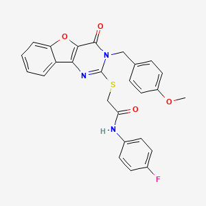 N-(4-fluorophenyl)-2-({5-[(4-methoxyphenyl)methyl]-6-oxo-8-oxa-3,5-diazatricyclo[7.4.0.0^{2,7}]trideca-1(9),2(7),3,10,12-pentaen-4-yl}sulfanyl)acetamide