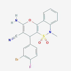 molecular formula C19H13BrFN3O3S B2812209 2-Amino-4-(3-bromo-4-fluorophenyl)-6-methyl-4,6-dihydropyrano[3,2-c][2,1]benzothiazine-3-carbonitrile 5,5-dioxide CAS No. 893290-24-9