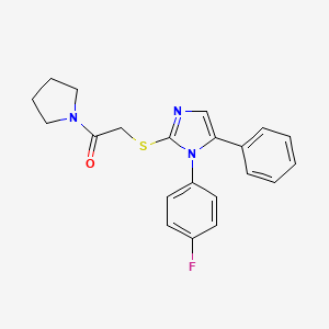 molecular formula C21H20FN3OS B2812260 2-((1-(4-fluorophenyl)-5-phenyl-1H-imidazol-2-yl)thio)-1-(pyrrolidin-1-yl)ethanone CAS No. 1207044-30-1