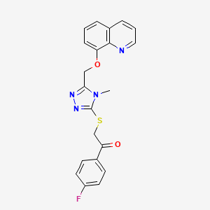 molecular formula C21H17FN4O2S B2812293 1-(4-fluorophenyl)-2-((4-methyl-5-((quinolin-8-yloxy)methyl)-4H-1,2,4-triazol-3-yl)thio)ethanone CAS No. 500267-62-9