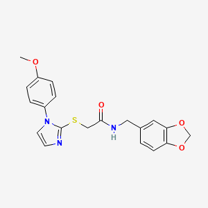 molecular formula C20H19N3O4S B2812300 N-(1,3-benzodioxol-5-ylmethyl)-2-{[1-(4-methoxyphenyl)-1H-imidazol-2-yl]thio}acetamide CAS No. 851132-61-1