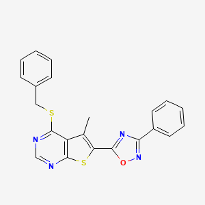 molecular formula C22H16N4OS2 B2812310 4-(Benzylsulfanyl)-5-methyl-6-(3-phenyl-1,2,4-oxadiazol-5-yl)thieno[2,3-d]pyrimidine CAS No. 1798017-97-6