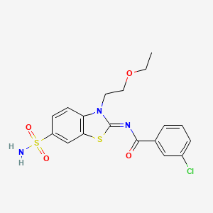 molecular formula C18H18ClN3O4S2 B2812403 3-chloro-N-[3-(2-ethoxyethyl)-6-sulfamoyl-1,3-benzothiazol-2-ylidene]benzamide CAS No. 865173-75-7