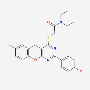 molecular formula C25H27N3O3S B2812462 N,N-二乙基-2-{[2-(4-甲氧基苯基)-7-甲基-5H-咖啡诺[2,3-D]嘧啶-4-基]硫)乙酰胺 CAS No. 866340-82-1