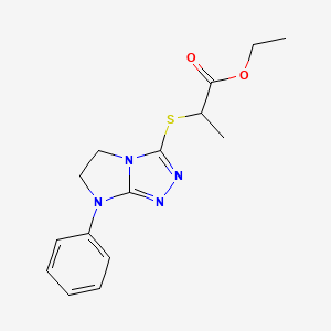 molecular formula C15H18N4O2S B2812501 ethyl 2-((7-phenyl-6,7-dihydro-5H-imidazo[2,1-c][1,2,4]triazol-3-yl)thio)propanoate CAS No. 923194-98-3