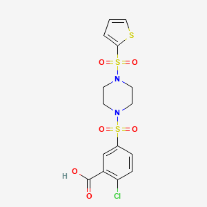 molecular formula C15H15ClN2O6S3 B2812506 2-Chloro-5-{[4-(thiophene-2-sulfonyl)piperazin-1-yl]sulfonyl}benzoic acid CAS No. 742118-92-9