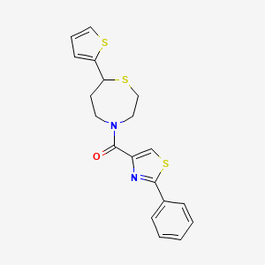 molecular formula C19H18N2OS3 B2812514 (2-Phenylthiazol-4-yl)(7-(thiophen-2-yl)-1,4-thiazepan-4-yl)methanone CAS No. 1705518-25-7
