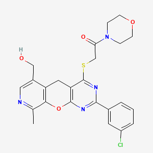 molecular formula C24H23ClN4O4S B2812538 2-((2-(3-chlorophenyl)-6-(hydroxymethyl)-9-methyl-5H-pyrido[4',3':5,6]pyrano[2,3-d]pyrimidin-4-yl)thio)-1-morpholinoethanone CAS No. 892383-56-1