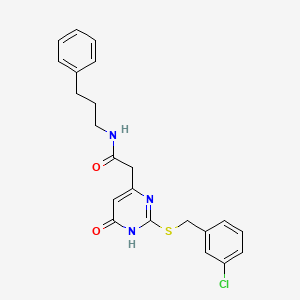 molecular formula C22H22ClN3O2S B2812614 2-(2-((3-chlorobenzyl)thio)-6-oxo-1,6-dihydropyrimidin-4-yl)-N-(3-phenylpropyl)acetamide CAS No. 1105212-87-0