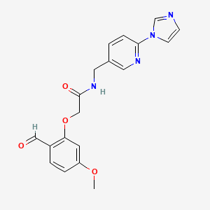 molecular formula C19H18N4O4 B2812624 2-(2-Formyl-5-methoxyphenoxy)-N-[(6-imidazol-1-ylpyridin-3-yl)methyl]acetamide CAS No. 2224160-29-4