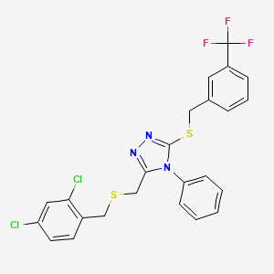 molecular formula C24H18Cl2F3N3S2 B2812662 3-[(2,4-Dichlorophenyl)methylsulfanylmethyl]-4-phenyl-5-[[3-(trifluoromethyl)phenyl]methylsulfanyl]-1,2,4-triazole CAS No. 344274-48-2