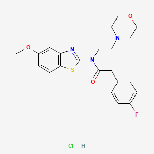 molecular formula C22H25ClFN3O3S B2812750 2-(4-氟苯基)-N-(5-甲氧基苯并噻唑-2-基)-N-(2-吗啉基乙基)乙酰胺盐酸盐 CAS No. 1219156-78-1