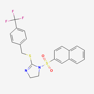 molecular formula C21H17F3N2O2S2 B2812803 1-Naphthalen-2-ylsulfonyl-2-[[4-(trifluoromethyl)phenyl]methylsulfanyl]-4,5-dihydroimidazole CAS No. 868218-34-2