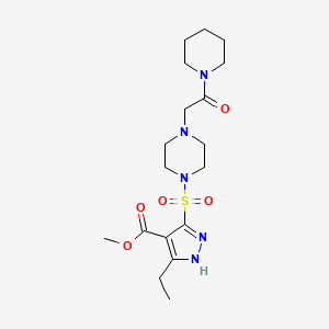 molecular formula C18H29N5O5S B2812856 甲基-3-乙基-5-((4-(2-氧代-2-(哌啶-1-基)乙基)哌嗪-1-基)磺酰基)-1H-吡唑-4-甲酸酯 CAS No. 1324012-38-5