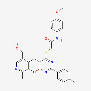molecular formula C28H26N4O4S B2812926 2-{[6-(羟甲基)-9-甲基-2-(4-甲基苯基)-5H-吡啶[4',3':5,6]吡喃[2,3-d]嘧啶-4-基]硫}-N-(4-甲氧基苯基)乙酰胺 CAS No. 892384-70-2