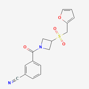 molecular formula C16H14N2O4S B2812941 3-(3-((Furan-2-ylmethyl)sulfonyl)azetidine-1-carbonyl)benzonitrile CAS No. 1797697-34-7