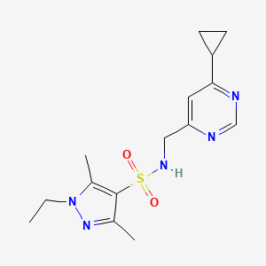 molecular formula C15H21N5O2S B2812980 N-((6-环丙基嘧啶-4-基)甲基)-1-乙基-3,5-二甲基-1H-噁唑-4-磺酰胺 CAS No. 2194846-97-2