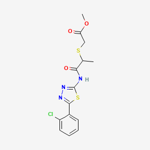 molecular formula C14H14ClN3O3S2 B2813065 Methyl 2-((1-((5-(2-chlorophenyl)-1,3,4-thiadiazol-2-yl)amino)-1-oxopropan-2-yl)thio)acetate CAS No. 394234-14-1