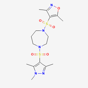 molecular formula C16H25N5O5S2 B2813167 3,5-二甲基-4-((4-((1,3,5-三甲基-1H-吡唑-4-基)磺酰基)-1,4-二氮杂辛烷-1-基)磺酰基)异噁唑 CAS No. 1903542-86-8