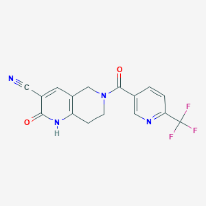 molecular formula C16H11F3N4O2 B2813285 2-Oxo-6-(6-(trifluoromethyl)nicotinoyl)-1,2,5,6,7,8-hexahydro-1,6-naphthyridine-3-carbonitrile CAS No. 2034357-02-1