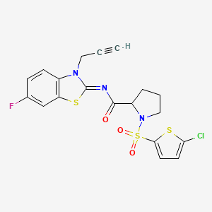 molecular formula C19H15ClFN3O3S3 B2813288 (E)-1-((5-氯噻吩-2-基)磺酰)-N-(6-氟-3-(丙-2-炔-1-基)苯并[d]噻唑-2(3H)-基亚胺)吡咯啉-2-甲酰胺 CAS No. 1100755-77-8