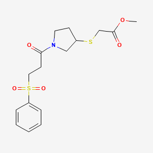 molecular formula C16H21NO5S2 B2813320 Methyl 2-((1-(3-(phenylsulfonyl)propanoyl)pyrrolidin-3-yl)thio)acetate CAS No. 2034471-74-2