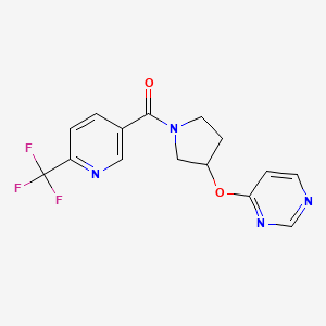molecular formula C15H13F3N4O2 B2813322 (3-(Pyrimidin-4-yloxy)pyrrolidin-1-yl)(6-(trifluoromethyl)pyridin-3-yl)methanone CAS No. 2034396-33-1
