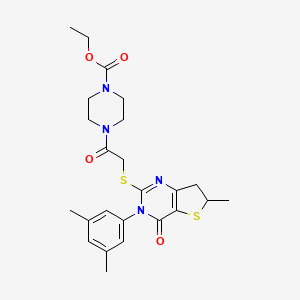 molecular formula C24H30N4O4S2 B2813325 Ethyl 4-[2-[[3-(3,5-dimethylphenyl)-6-methyl-4-oxo-6,7-dihydrothieno[3,2-d]pyrimidin-2-yl]sulfanyl]acetyl]piperazine-1-carboxylate CAS No. 851410-69-0