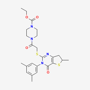 molecular formula C24H30N4O4S2 B2813325 ethyl 4-(2-{[3-(3,5-dimethylphenyl)-6-methyl-4-oxo-3H,4H,6H,7H-thieno[3,2-d]pyrimidin-2-yl]sulfanyl}acetyl)piperazine-1-carboxylate CAS No. 851410-69-0