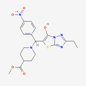 molecular formula C20H23N5O5S B2813343 Methyl 1-((2-ethyl-6-hydroxythiazolo[3,2-b][1,2,4]triazol-5-yl)(4-nitrophenyl)methyl)piperidine-4-carboxylate CAS No. 898345-20-5