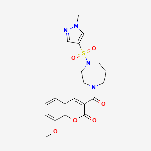 molecular formula C20H22N4O6S B2813519 8-甲氧基-3-(4-((1-甲基-1H-吡唑-4-基)磺酰)-1,4-二氮杂环庚烷-1-羧酰)-2H-香豆素-2-酮 CAS No. 2034543-95-6