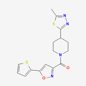 molecular formula C16H16N4O2S2 B2813523 (4-(5-Methyl-1,3,4-thiadiazol-2-yl)piperidin-1-yl)(5-(thiophen-2-yl)isoxazol-3-yl)methanone CAS No. 1396852-93-9