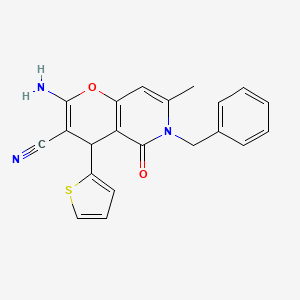 molecular formula C21H17N3O2S B2813563 2-amino-6-benzyl-7-methyl-5-oxo-4-(thiophen-2-yl)-5,6-dihydro-4H-pyrano[3,2-c]pyridine-3-carbonitrile CAS No. 612802-40-1