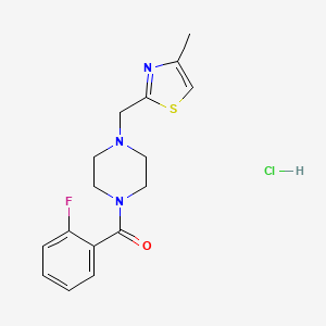 molecular formula C16H19ClFN3OS B2813577 (2-Fluorophenyl)(4-((4-methylthiazol-2-yl)methyl)piperazin-1-yl)methanone hydrochloride CAS No. 1216661-47-0