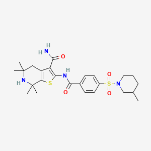 molecular formula C25H34N4O4S2 B2813586 5,5,7,7-Tetramethyl-2-[[4-(3-methylpiperidin-1-yl)sulfonylbenzoyl]amino]-4,6-dihydrothieno[2,3-c]pyridine-3-carboxamide CAS No. 681439-09-8