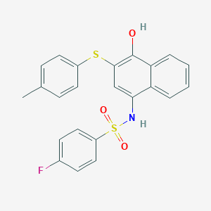 molecular formula C23H18FNO3S2 B281361 4-fluoro-N-{4-hydroxy-3-[(4-methylphenyl)thio]-1-naphthyl}benzenesulfonamide 