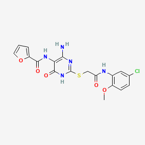 molecular formula C18H16ClN5O5S B2813628 N-(4-amino-2-((2-((5-chloro-2-methoxyphenyl)amino)-2-oxoethyl)thio)-6-oxo-1,6-dihydropyrimidin-5-yl)furan-2-carboxamide CAS No. 868226-23-7