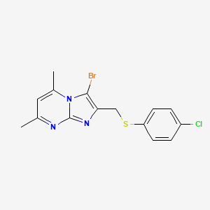 molecular formula C15H13BrClN3S B2813644 3-Bromo-2-(((4-chlorophenyl)thio)methyl)-5,7-dimethylimidazo[1,2-a]pyrimidine CAS No. 313274-37-2