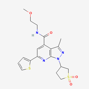 molecular formula C19H22N4O4S2 B2813675 1-(1,1-dioxidotetrahydrothiophen-3-yl)-N-(2-methoxyethyl)-3-methyl-6-(thiophen-2-yl)-1H-pyrazolo[3,4-b]pyridine-4-carboxamide CAS No. 1021089-97-3