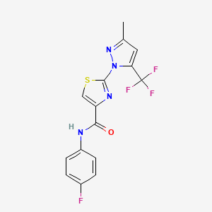 molecular formula C15H10F4N4OS B2813678 N-(4-fluorophenyl)-2-[3-methyl-5-(trifluoromethyl)-1H-pyrazol-1-yl]-1,3-thiazole-4-carboxamide CAS No. 956753-84-7