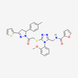 molecular formula C31H28N6O4S2 B2813734 N-[[4-(2-methoxyphenyl)-5-[2-[3-(4-methylphenyl)-5-thiophen-2-yl-3,4-dihydropyrazol-2-yl]-2-oxoethyl]sulfanyl-1,2,4-triazol-3-yl]methyl]furan-2-carboxamide CAS No. 393586-05-5