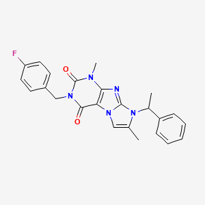 molecular formula C24H22FN5O2 B2813889 3-(4-fluorobenzyl)-1,7-dimethyl-8-(1-phenylethyl)-1H-imidazo[2,1-f]purine-2,4(3H,8H)-dione CAS No. 919041-42-2